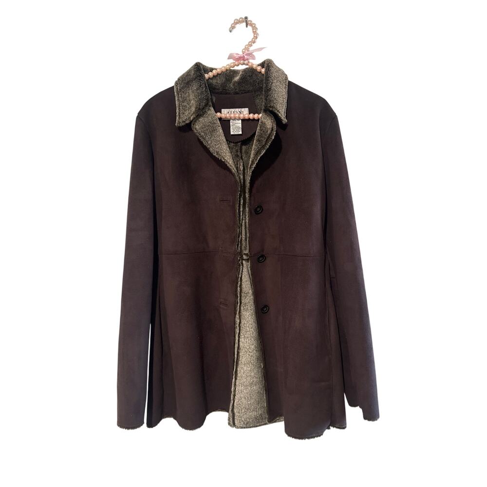 Vintage Alfani Coffee Suede Faux Fur Trim Coat - Size: Medium - Color: Brown